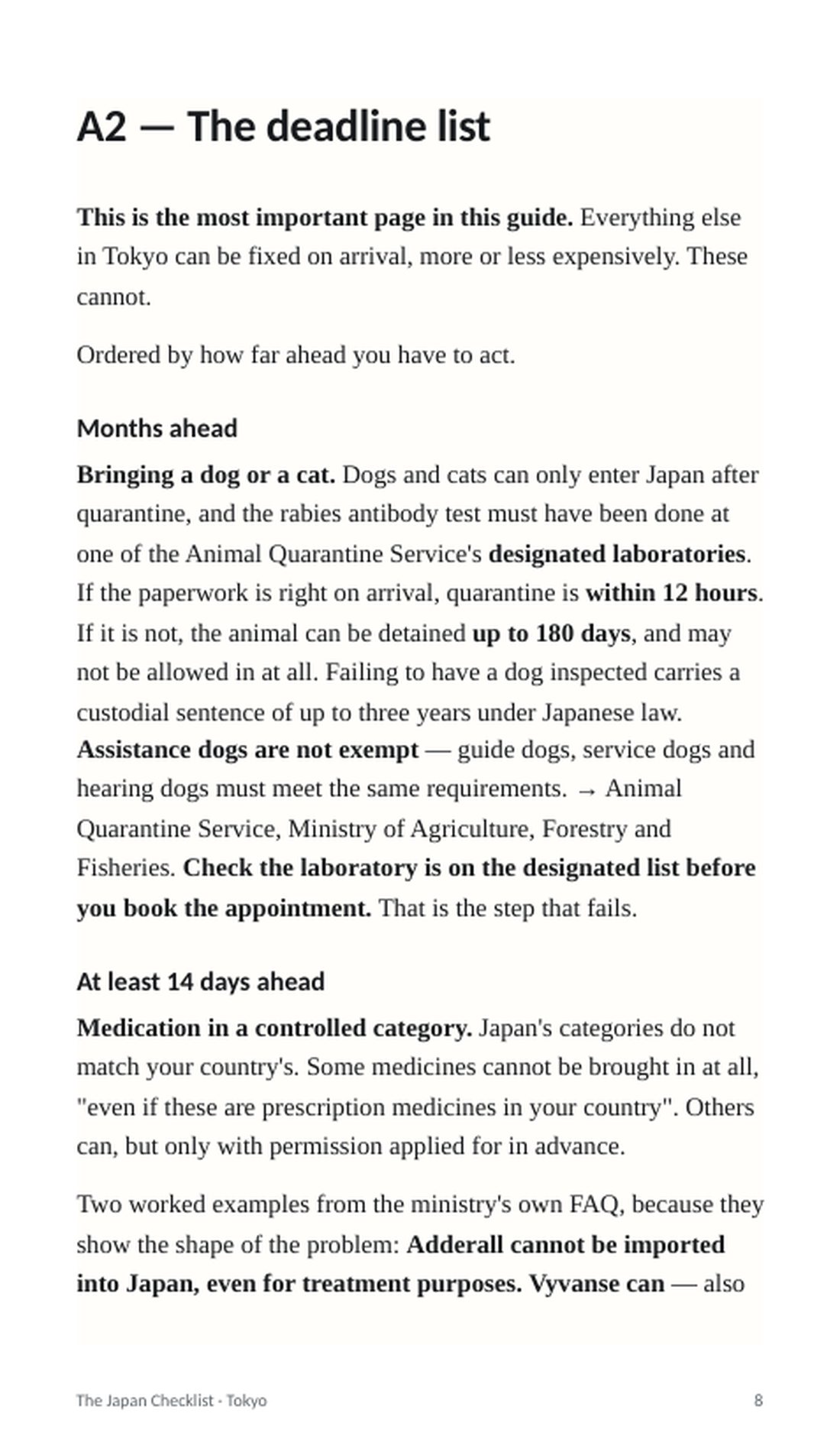 A page listing what has to be arranged months ahead and at least fourteen days ahead